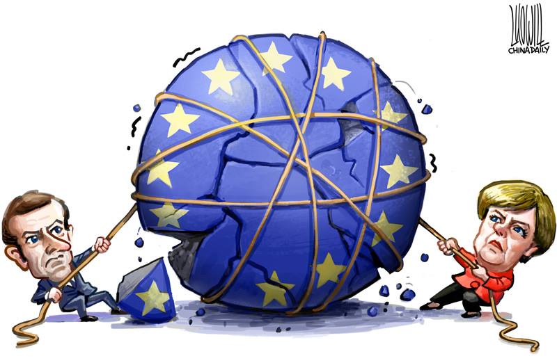 Funny caricature of Emmanuel Macron and Angela Merkel pulling ropes that are tangled around Earth